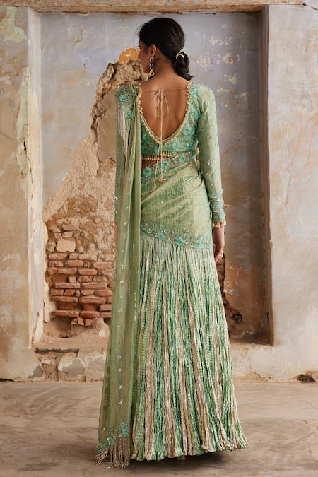 Etasha By Asha Jain Sea Green Pre-Draped Saree & Blouse Set 