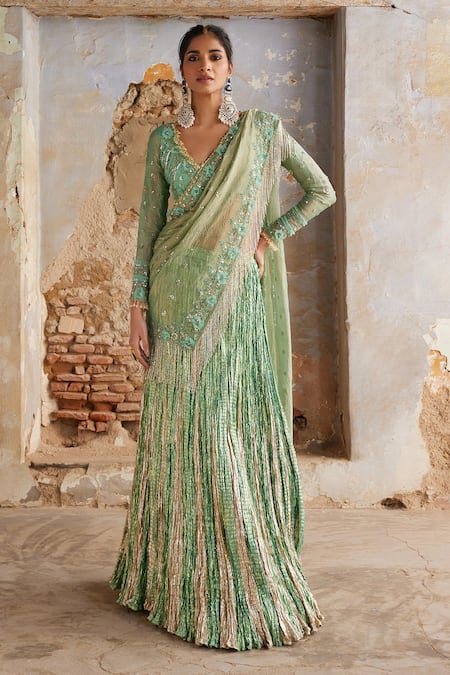 Etasha by Asha Jain Sea Green Pre-Draped Saree & Blouse Set 