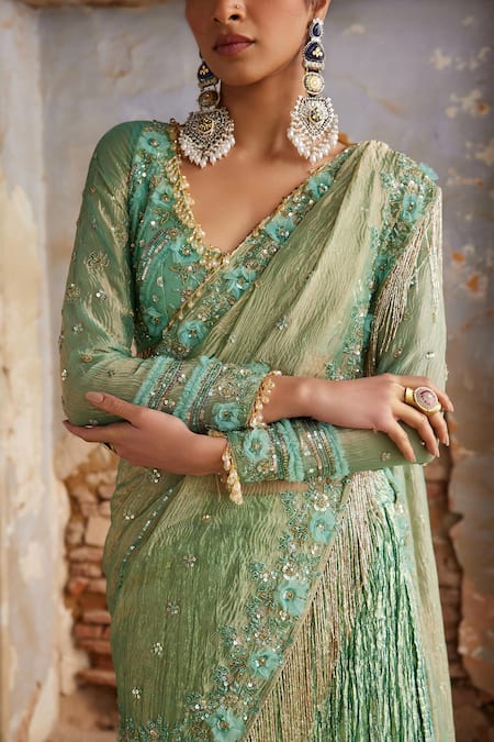 Etasha By Asha Jain Green Tissue Embroidery, Sequins, Beads Sea Pre-draped Saree And Blouse Set Online at Aza Fashions Etasha By Asha Jain_Green Tissue Embroidery, Sequins, Beads Sea Pre-draped Saree And Blouse Set _Online_at_Aza_Fashions