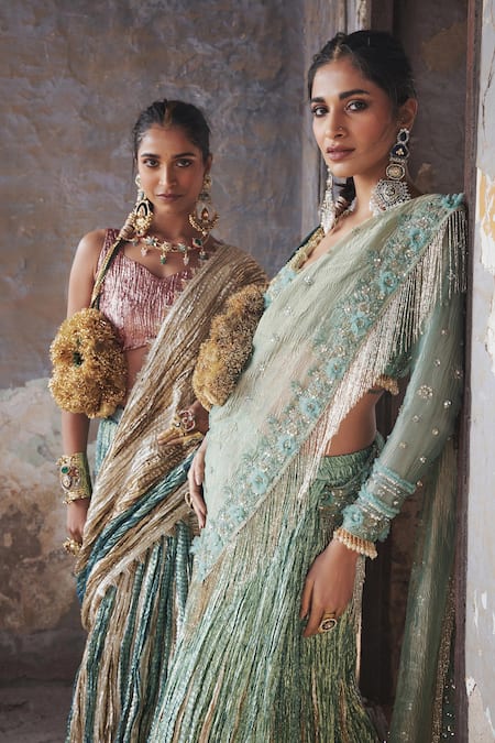 Buy Etasha By Asha Jain Green Tissue Embroidery, Sequins, Beads Sea Pre-draped Saree And Blouse Set Online at Aza Fashions Buy_Etasha By Asha Jain_Green Tissue Embroidery, Sequins, Beads Sea Pre-draped Saree And Blouse Set _Online_at_Aza_Fashions