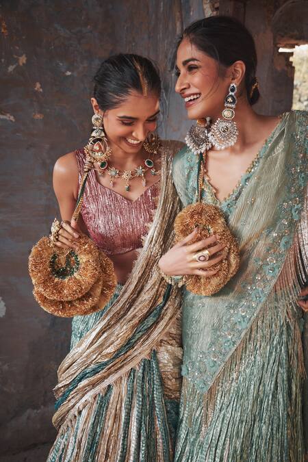 Etasha By Asha Jain Green Tissue Embroidery, Sequins, Beads Sea Pre-draped Saree And Blouse Set at Aza Fashions Etasha By Asha Jain_Green Tissue Embroidery, Sequins, Beads Sea Pre-draped Saree And Blouse Set _at_Aza_Fashions