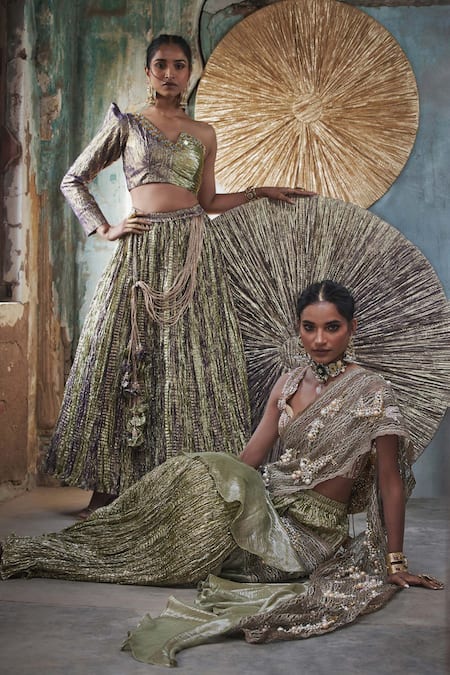 Etasha By Asha Jain Lavender Tissue Sequins Asymmetric Lime Green And Purple Fusion Lehenga Set Online at Aza Fashions Etasha By Asha Jain_Lavender Tissue Sequins Asymmetric Lime Green And Purple Fusion Lehenga Set _Online_at_Aza_Fashions