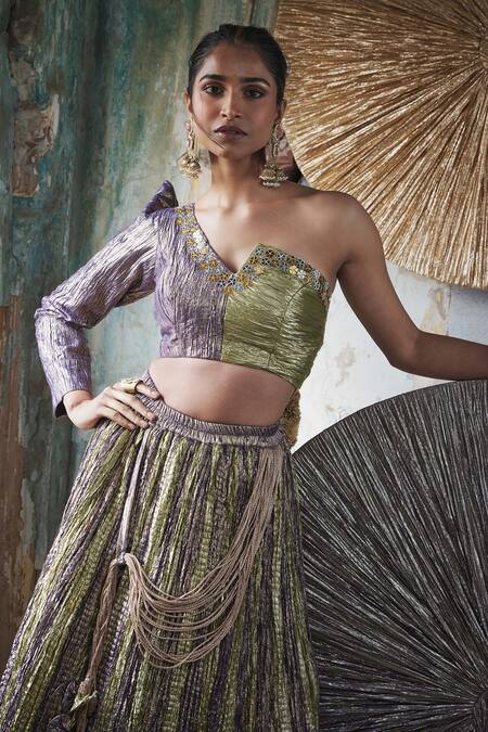 Shop Etasha By Asha Jain Lavender Tissue Sequins Asymmetric Lime Green And Purple Fusion Lehenga Set Online at Aza Fashions Shop_Etasha By Asha Jain_Lavender Tissue Sequins Asymmetric Lime Green And Purple Fusion Lehenga Set _Online_at_Aza_Fashions