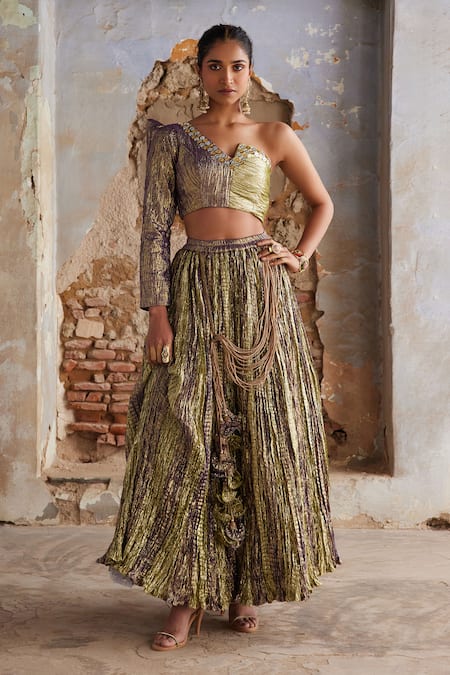 Etasha by Asha Jain Lime Green & Purple Fusion Lehenga Set 