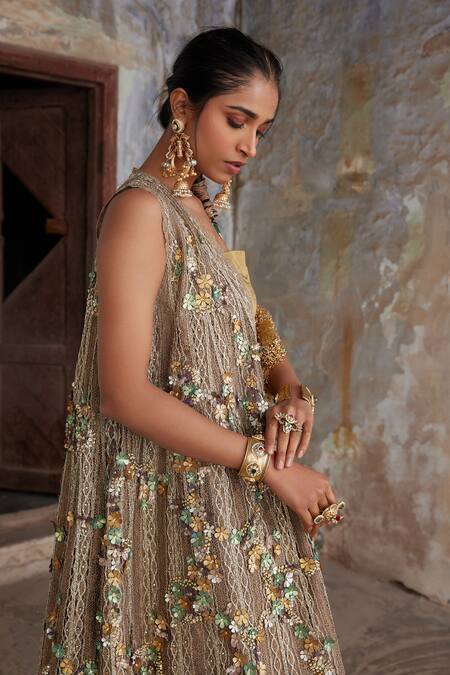 Etasha By Asha Jain_Brown Satin Embroidery Square Neck, Round Crochet Jacket And Draped Skirt Set _Online_at_Aza_Fashions