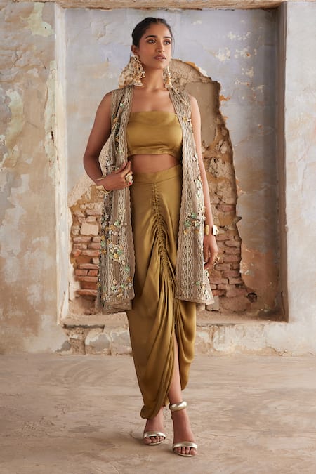 Etasha by Asha Jain Crochet Jacket & Satin Draped Skirt Set 