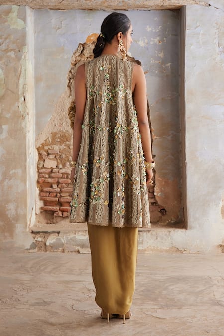 Etasha By Asha Jain Crochet Jacket & Satin Draped Skirt Set 