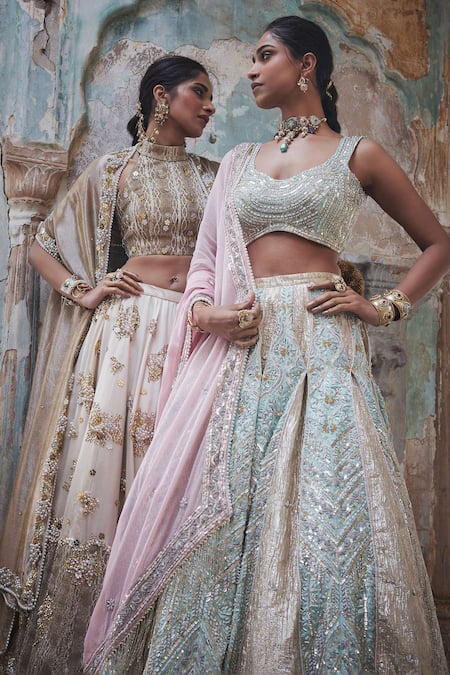 Buy Etasha By Asha Jain Blue Silk, Georgette Sequins, Beads, Zari Round Neck Ice Raw Lehenga Set Online at Aza Fashions Buy_Etasha By Asha Jain_Blue Silk, Georgette Sequins, Beads, Zari Round Neck Ice Raw Lehenga Set _Online_at_Aza_Fashions