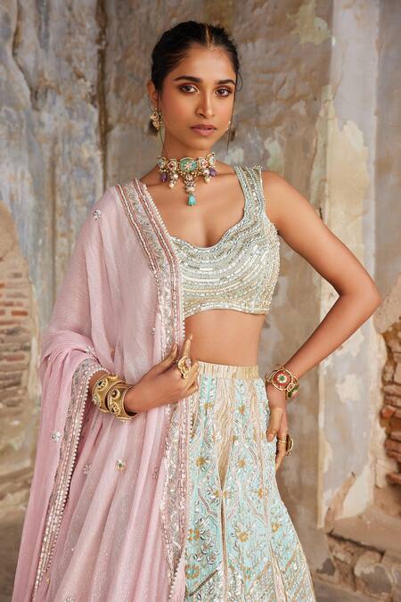 Shop Etasha By Asha Jain Blue Silk, Georgette Sequins, Beads, Zari Round Neck Ice Raw Lehenga Set Online at Aza Fashions Shop_Etasha By Asha Jain_Blue Silk, Georgette Sequins, Beads, Zari Round Neck Ice Raw Lehenga Set _Online_at_Aza_Fashions