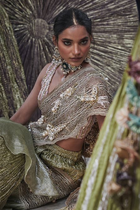 Etasha By Asha Jain_Lavender Silk Pearls, Lime Green Textured Metallic Pre-draped Saree And Blouse Set _Online_at_Aza_Fashions