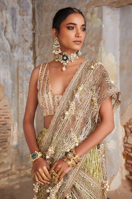 Buy_Etasha By Asha Jain_Lavender Silk Pearls, Lime Green Textured Metallic Pre-draped Saree And Blouse Set _Online_at_Aza_Fashions