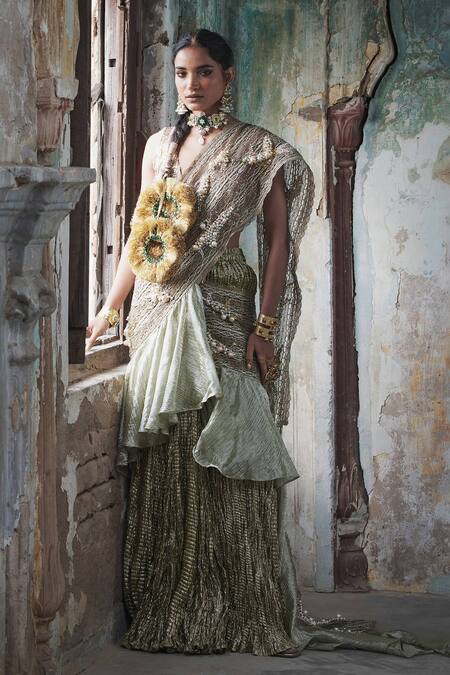 Shop_Etasha By Asha Jain_Lavender Silk Pearls, Lime Green Textured Metallic Pre-draped Saree And Blouse Set _Online_at_Aza_Fashions