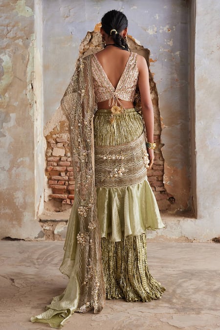 Etasha By Asha Jain Lime Green Textured Metallic Pre-Draped Saree & Blouse Set 