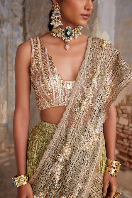 Etasha By Asha Jain_Lavender Silk Pearls, Lime Green Textured Metallic Pre-draped Saree And Blouse Set _at_Aza_Fashions