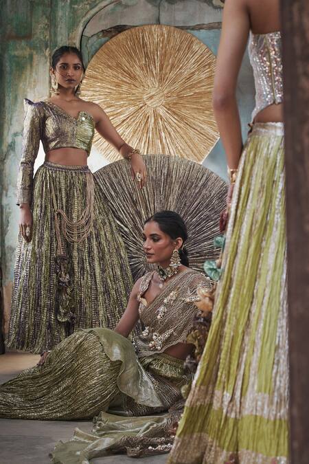 Buy_Etasha By Asha Jain_Lavender Silk Pearls, Lime Green Textured Metallic Pre-draped Saree And Blouse Set 