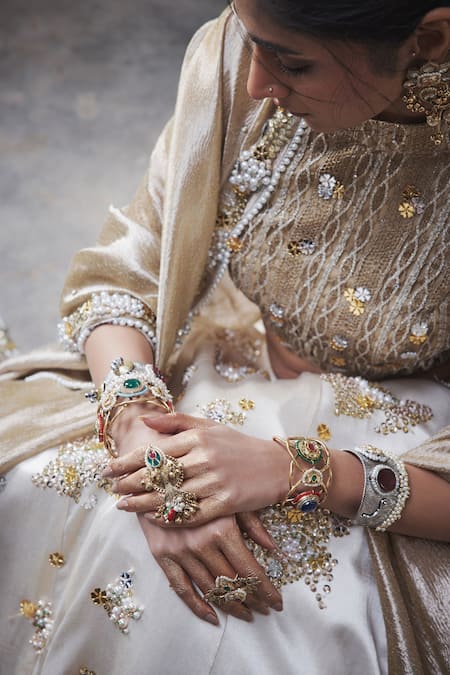 Etasha By Asha Jain Ivory Silk, Tissue Sequins, Embroidery Halter Neck And Gold Lehenga Set Online at Aza Fashions Etasha By Asha Jain_Ivory Silk, Tissue Sequins, Embroidery Halter Neck And Gold Lehenga Set _Online_at_Aza_Fashions