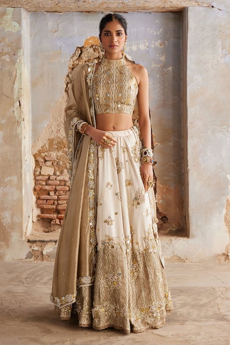Etasha by Asha Jain Ivory & Gold Embroidered Lehenga Set 