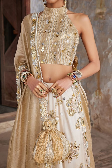 Buy Etasha By Asha Jain Ivory Silk, Tissue Sequins, Embroidery Halter Neck And Gold Lehenga Set Buy_Etasha By Asha Jain_Ivory Silk, Tissue Sequins, Embroidery Halter Neck And Gold Lehenga Set