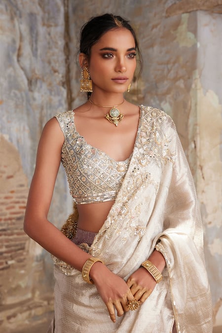 Etasha By Asha Jain_Purple Tissue Sequins Round Neck And Silver Designer Lehenga Set _Online_at_Aza_Fashions
