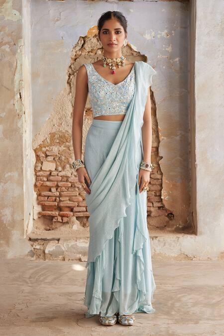 Buy_Etasha By Asha Jain_Blue Georgette Ruffles, Embroidery, Sequins V-neck Ice Pre-draped Saree Set _Online_at_Aza_Fashions