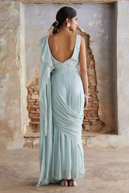 Etasha By Asha Jain Ice Blue Pre-Draped Saree Set 