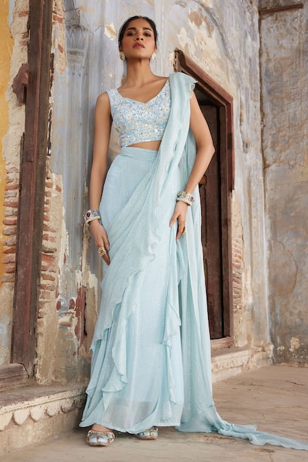 Etasha by Asha Jain Ice Blue Pre-Draped Saree Set 