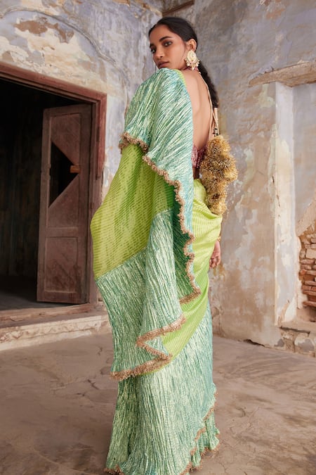 Etasha By Asha Jain_Green Tissue Halter Neck Lime Saree And Textured Blouse Set _Online_at_Aza_Fashions