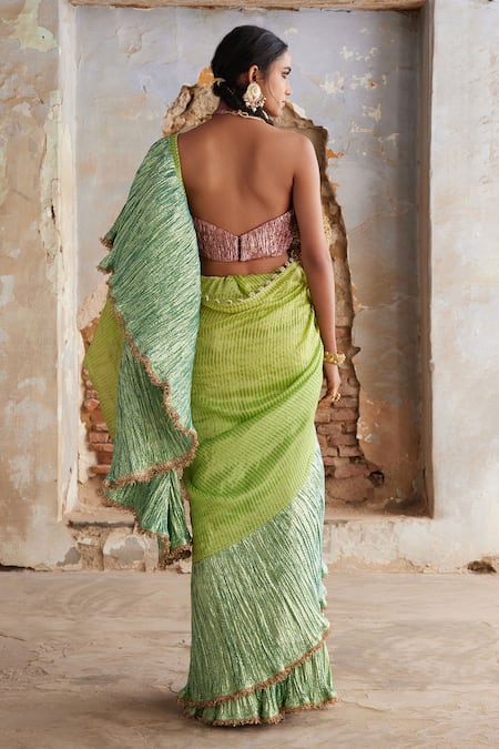 Etasha By Asha Jain Lime Green Tissue Saree & Textured Blouse Set 