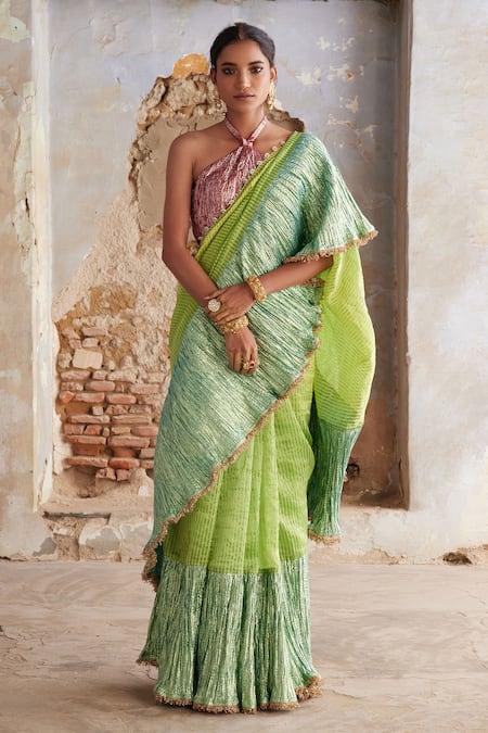 Etasha by Asha Jain Lime Green Tissue Saree & Textured Blouse Set 