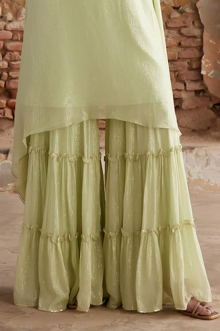 Etasha By Asha Jain_Green Georgette Sequins Round Neck Lime Kurta Sharara Set _Online_at_Aza_Fashions