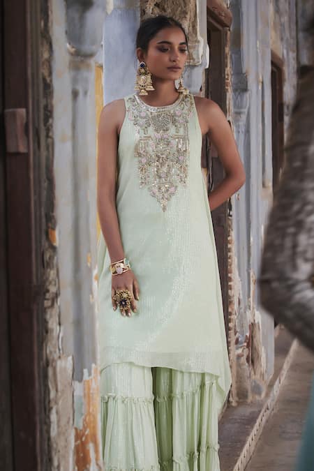 Buy_Etasha By Asha Jain_Green Georgette Sequins Round Neck Lime Kurta Sharara Set _Online_at_Aza_Fashions