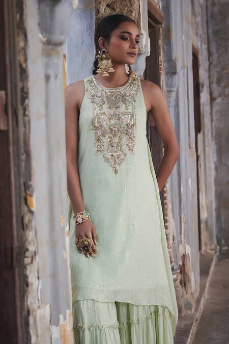 Etasha By Asha Jain_Green Georgette Sequins Round Neck Lime Kurta Sharara Set _at_Aza_Fashions