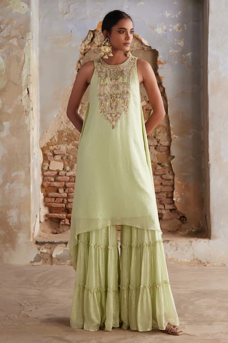 Etasha by Asha Jain Lime Green Georgette Kurta Sharara Set 