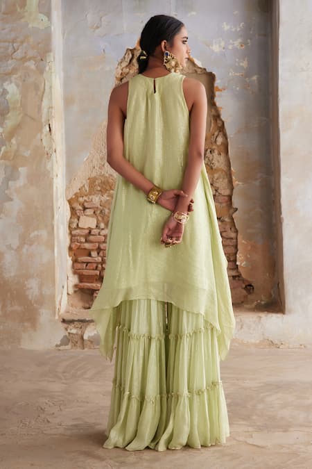 Etasha By Asha Jain Lime Green Georgette Kurta Sharara Set 