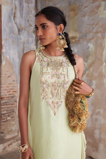 Buy_Etasha By Asha Jain_Green Georgette Sequins Round Neck Lime Kurta Sharara Set 