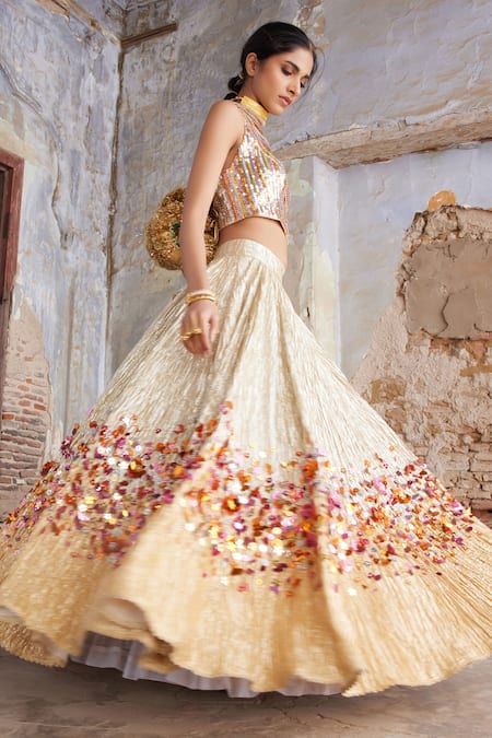 Buy_Etasha By Asha Jain_Gold Silk Embroidery, Sequins Halter Neck Textured Lehenga And Waistcoat Set _Online_at_Aza_Fashions