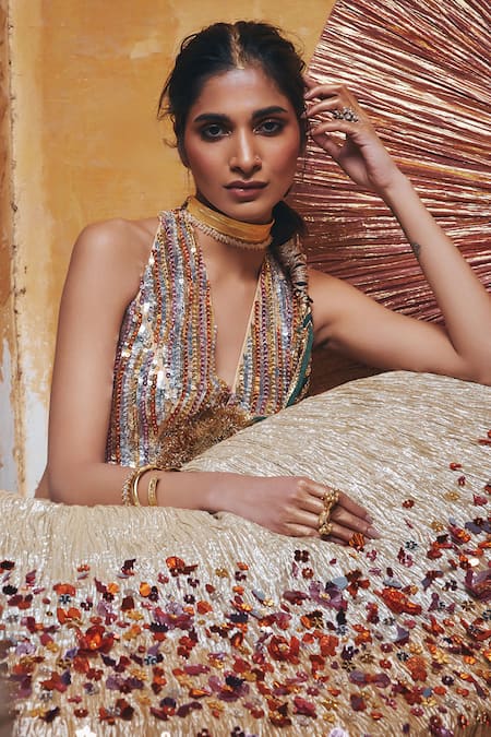 Shop_Etasha By Asha Jain_Gold Silk Embroidery, Sequins Halter Neck Textured Lehenga And Waistcoat Set _Online_at_Aza_Fashions