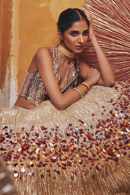 Etasha By Asha Jain_Gold Silk Embroidery, Sequins Halter Neck Textured Lehenga And Waistcoat Set _at_Aza_Fashions