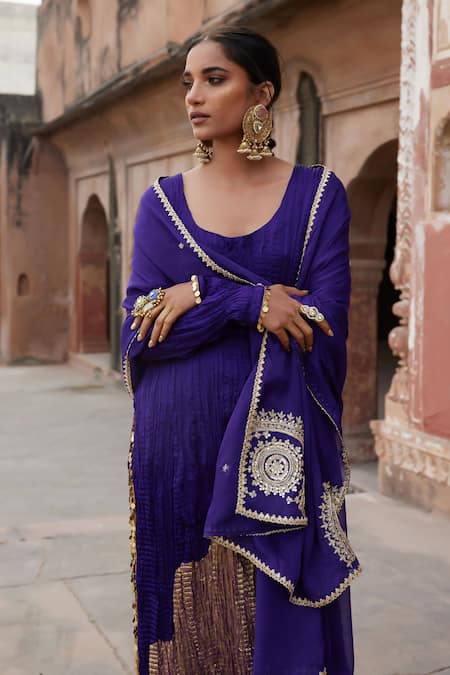 Etasha By Asha Jain Purple Satin, Crepe, Organza Embroidery Round Neck Kurta Set Online at Aza Fashions Etasha By Asha Jain_Purple Satin, Crepe, Organza Embroidery Round Neck Kurta Set _Online_at_Aza_Fashions