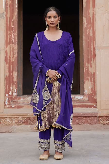 Etasha by Asha Jain Purple Satin Embroidered Kurta Set 