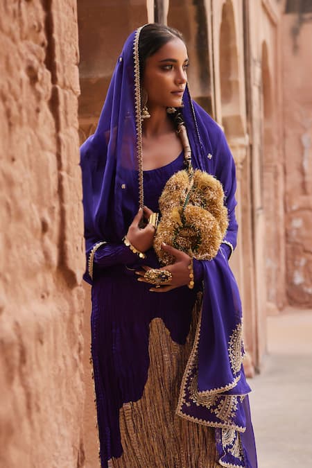 Etasha By Asha Jain Purple Satin, Crepe, Organza Embroidery Round Neck Kurta Set at Aza Fashions Etasha By Asha Jain_Purple Satin, Crepe, Organza Embroidery Round Neck Kurta Set _at_Aza_Fashions