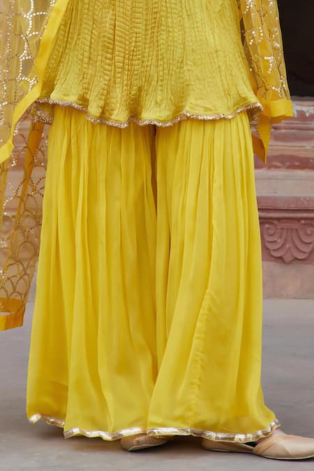 Etasha By Asha Jain_Yellow Satin, Organza, Georgette, Tulle Embroidery, Sequins Textured Kurta Set _Online_at_Aza_Fashions