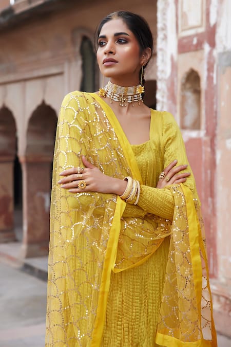 Shop_Etasha By Asha Jain_Yellow Satin, Organza, Georgette, Tulle Embroidery, Sequins Textured Kurta Set _Online_at_Aza_Fashions