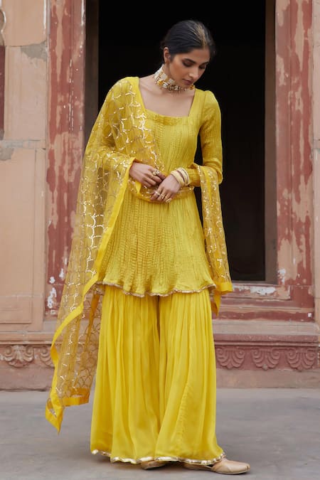 Etasha by Asha Jain Textured Yellow Kurta Set 