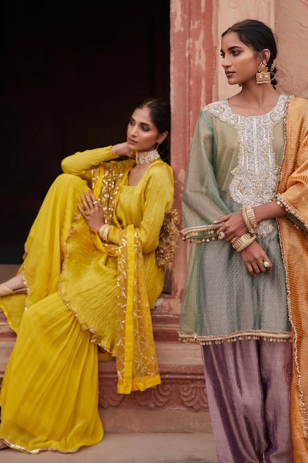 Etasha By Asha Jain_Yellow Satin, Organza, Georgette, Tulle Embroidery, Sequins Textured Kurta Set _at_Aza_Fashions