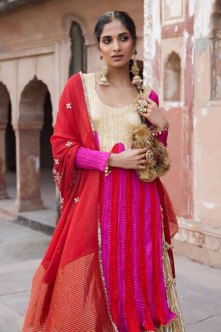 Etasha By Asha Jain_Fuchsia Silk, Tissue, Organza Embroidery Round Red And Fuschia Kurta Palazzo Set _Online_at_Aza_Fashions