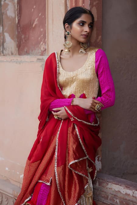 Buy_Etasha By Asha Jain_Fuchsia Silk, Tissue, Organza Embroidery Round Red And Fuschia Kurta Palazzo Set _Online_at_Aza_Fashions