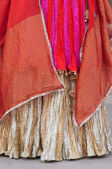 Shop_Etasha By Asha Jain_Fuchsia Silk, Tissue, Organza Embroidery Round Red And Fuschia Kurta Palazzo Set _Online_at_Aza_Fashions