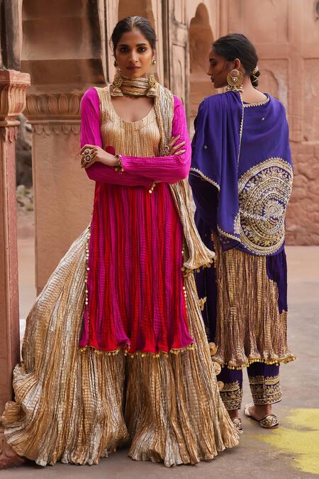 Etasha By Asha Jain_Fuchsia Silk, Tissue, Organza Embroidery Round Red And Fuschia Kurta Palazzo Set _at_Aza_Fashions