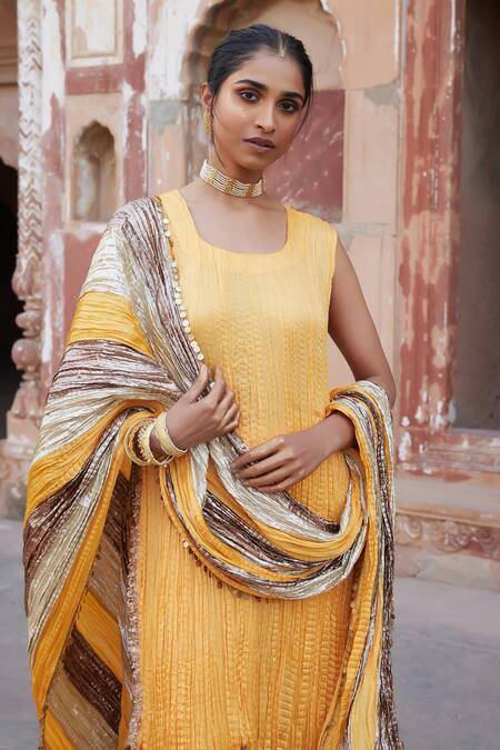 Buy Etasha By Asha Jain Yellow Silk, Tissue, Crepe Zari Round Neck Mango Kurta Set Online at Aza Fashions Buy_Etasha By Asha Jain_Yellow Silk, Tissue, Crepe Zari Round Neck Mango Kurta Set _Online_at_Aza_Fashions